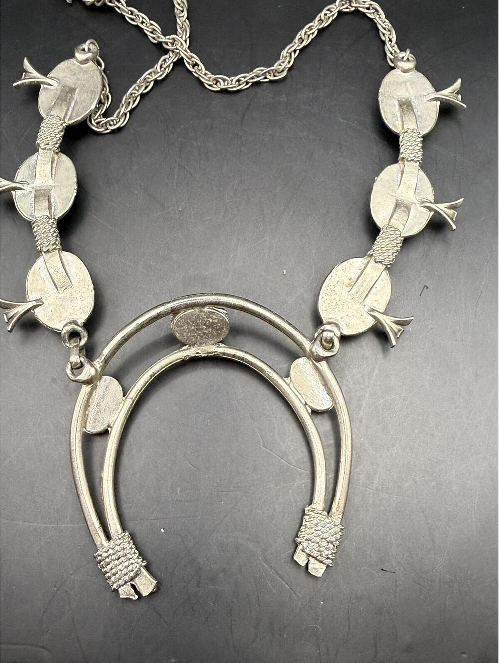 Vintage Costume Turquoise Squash Blossom Necklace - Silver Tone Naja Pendant - Picture 5 of 8